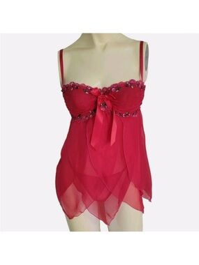 Victoria's Secret Red Sheer Babydoll Chemise with Embellished Bust